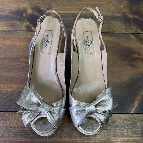 Valentino Metallic Silver Pewter Leather Bow Wedge Espadrille Sandals EU 39 8.5 - Picture 2 of 15